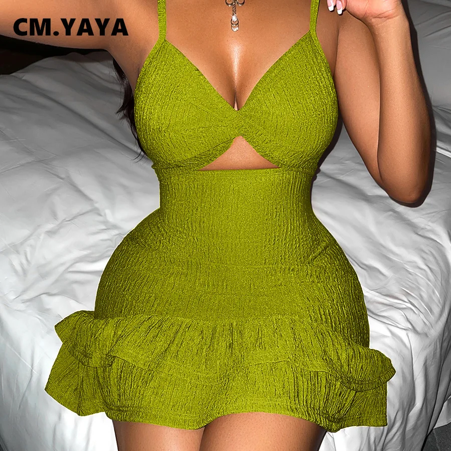 CM.YAYA Women Cut Out High Waist Sleevelesss Strap Ruffles Smock Dress 2025 Summer Female Street Night Club Party  Dresses 2