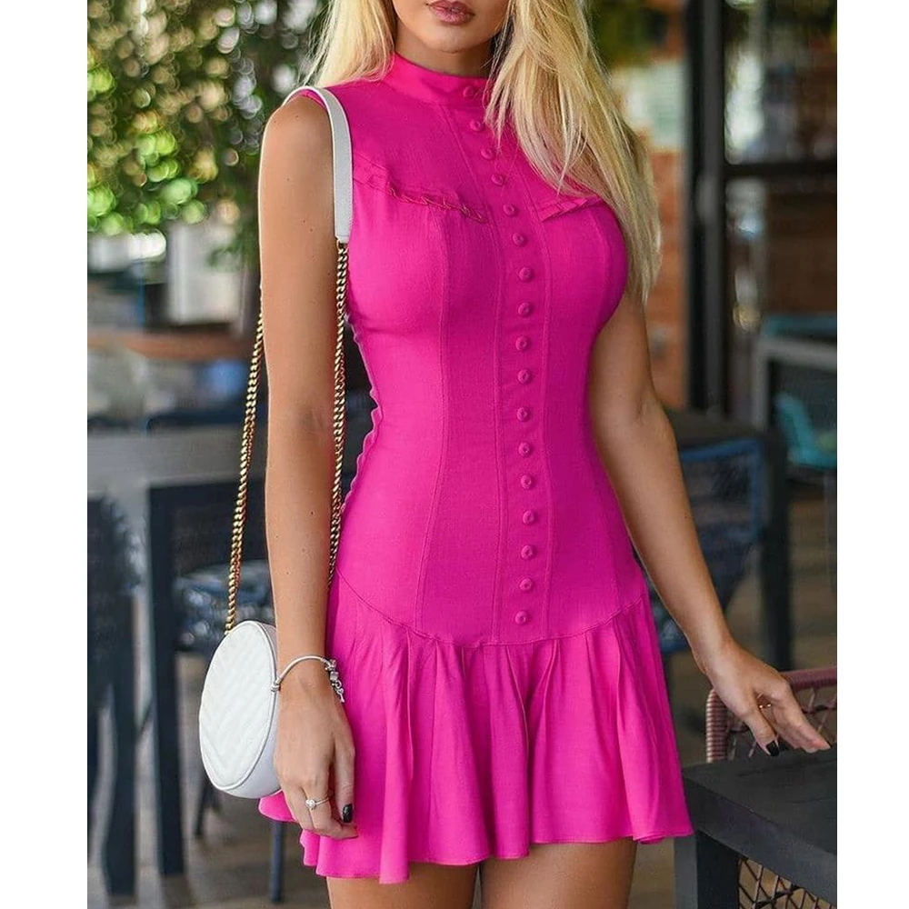 

Wepbel Bodycon Dress Women Solid Color Summer Rose Red Sleeveless Tight Dress O-neck Slim Fits Sexy Sheath Mini Club Wear Dress