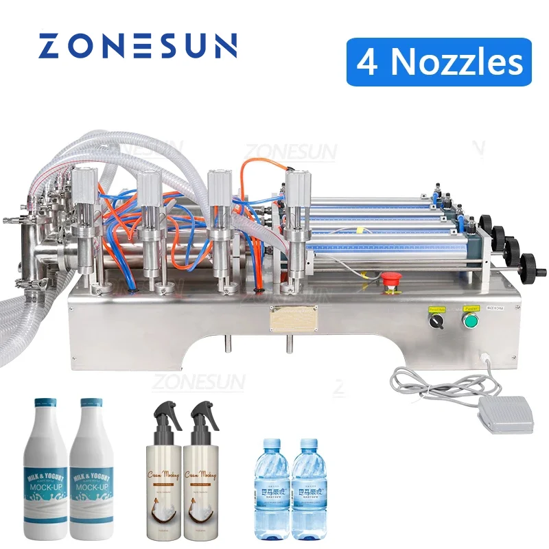 

ZONESUN Автоматическая пневматическая машина с четырьмя головками, горизонтальный наполнитель для эфирных масел, воды, духов, оборудование для пищевых напитков