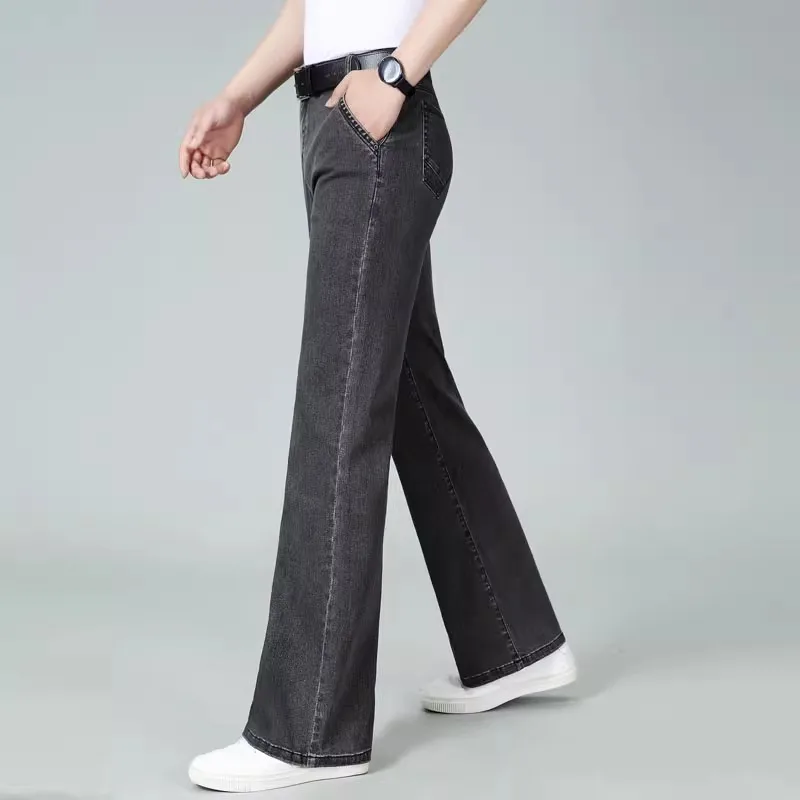 2024 Men's Spring And Autumn New High Waisted Elastic Straight Leg Jeans Loose Casual Wide Leg Pants 4