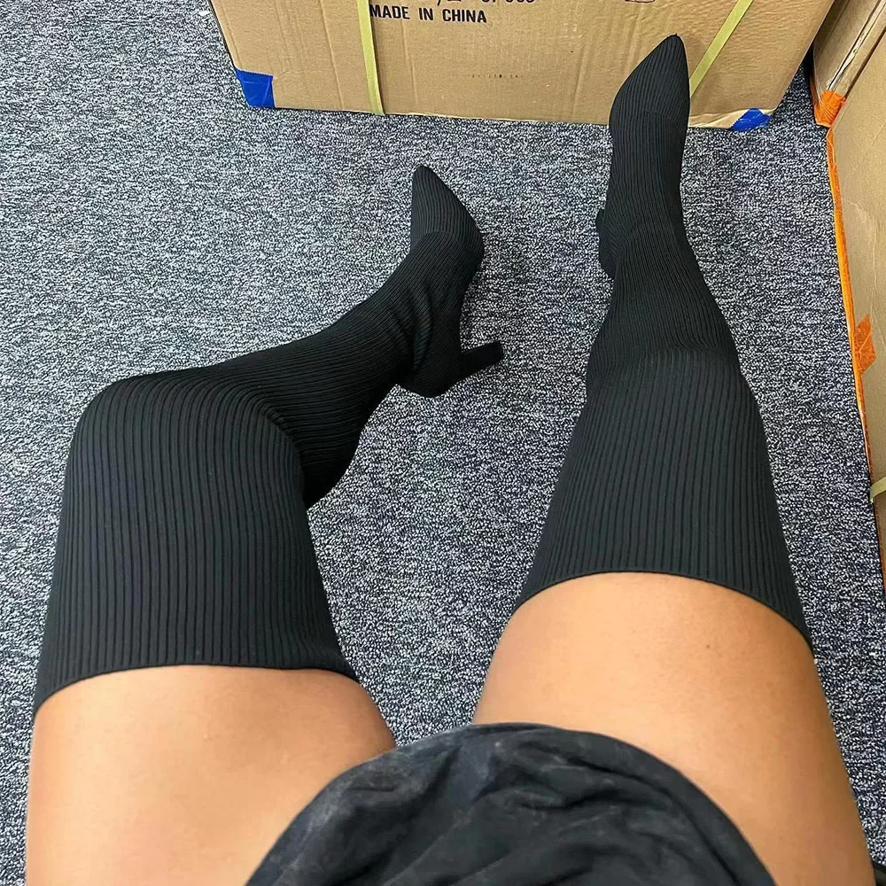 AnmaiRon Stretch Knitting Shaft Skintight Women Over Knee High Boots Block Heels Thigh High Long Booties Sexy Pointy Toe Shoes