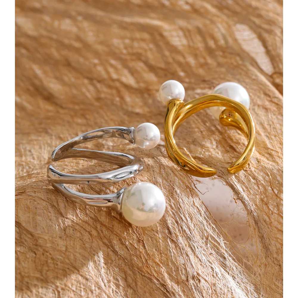 Yhpup Jewelry Simulated Pearls Layered Stainless Steel Fashion Ring
