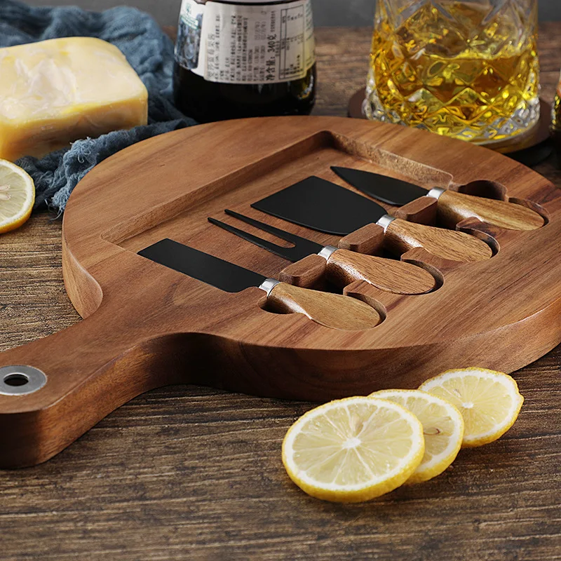 Cross border Wooden Board Steak Cutting Board Wooden Cheese Cheese Board Set with Stainless Steel Cheese Knife 4-piece Set