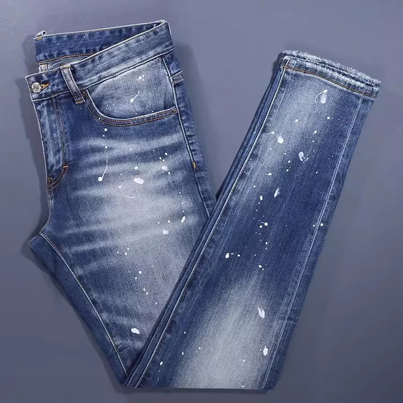 Street Fashion Men Jeans High Quality Retro Blue Stretch Skinny Fit Ripped Jeans Men Painted Designer Vintage Brand Pants Hombre