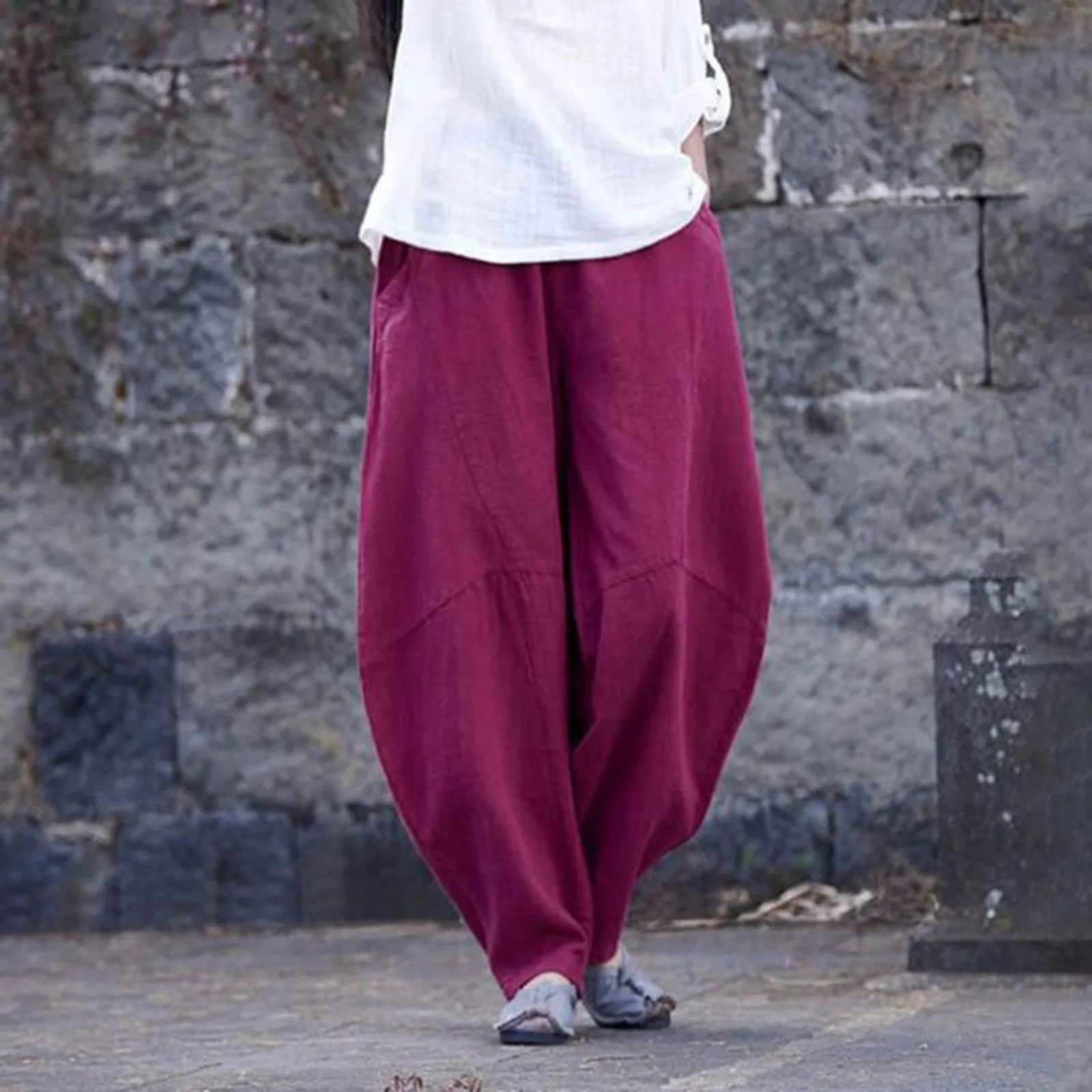 Cotton Linen Loose Fitting Women Casual Cargo Pants Solid Baggy Pants Woman Trousers