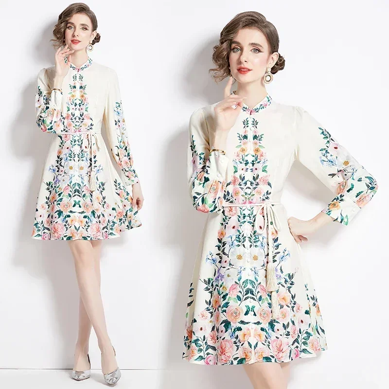 

2024 New Summer Fall Vintage Floral Print O Round Neck Lantern Sleeve Women Ladies Party Holiday Mini Short Shirt Dress