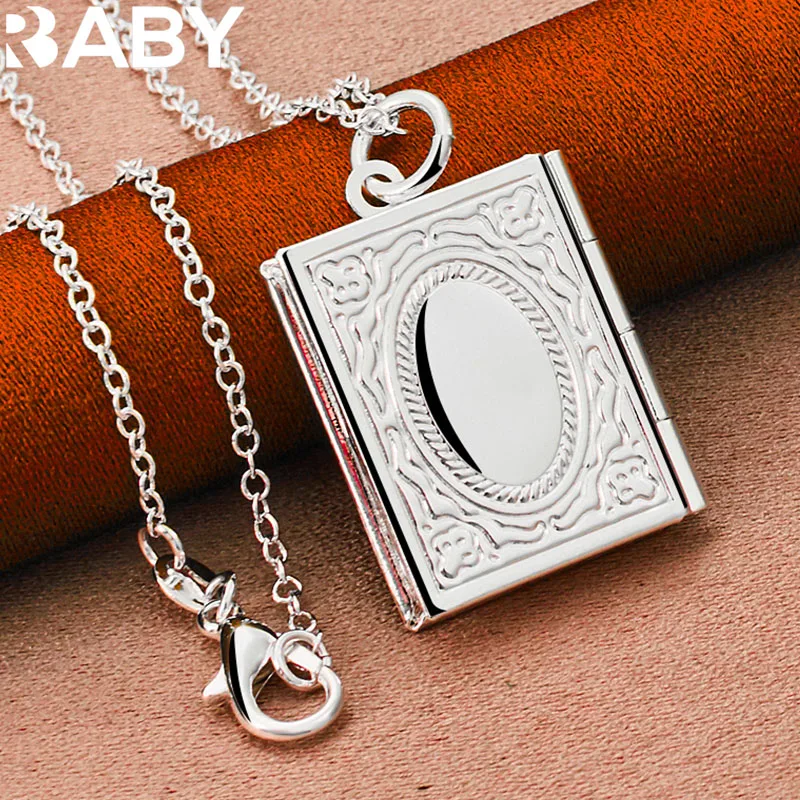 

URBABY 925 Sterling Silver Square Photo Frame Pendant Necklace For Men Women Wedding Party Jewelry With 16-30 inches Chain