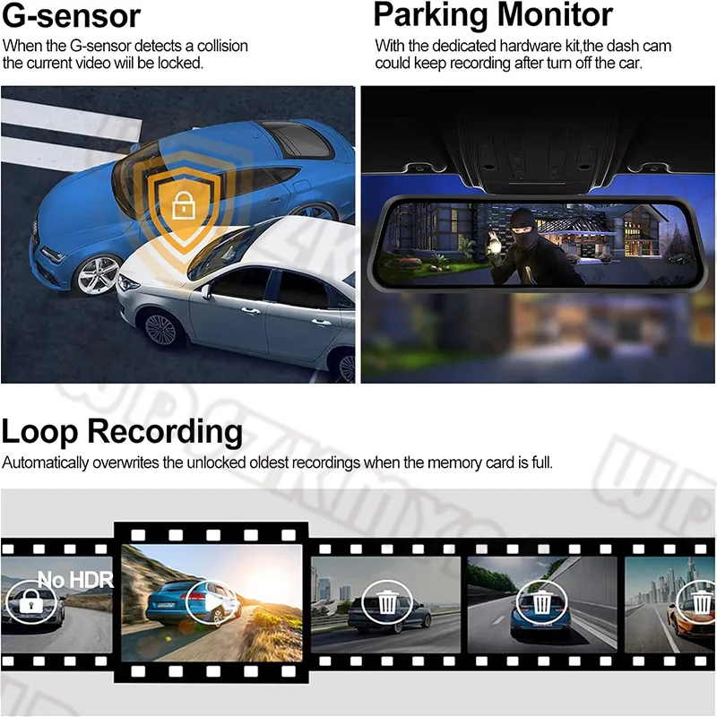 4K Dash Cam for Cars 10inch Car DVR WIFI Wireless Carplay Android Auto Video Recorder Front and Rear Rearview Mirror Dash Camera