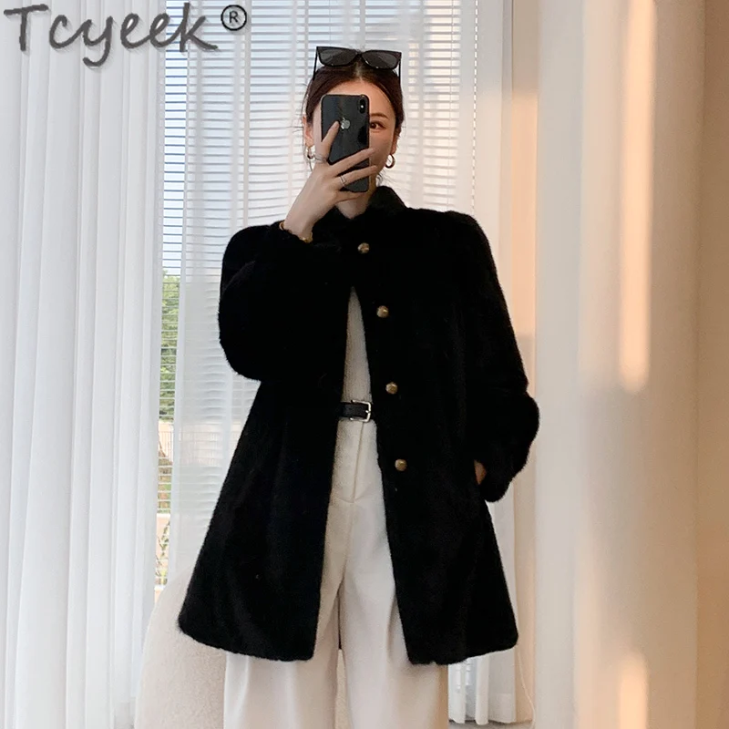 Tcyeek Cappotto Di Pelliccia Di Visone Naturale Donna Colletto Alla Coreana Giacca Di Pelliccia Da Donna Invernale 2023 Medio-Lungo Intero Visone Vera