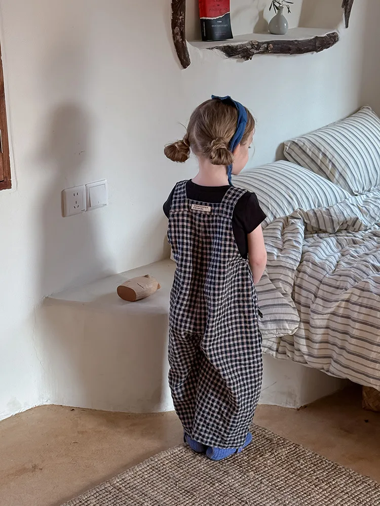 2025 Spring New Children Plaid Overalls Cotton Boys Thin Casual Pants Breathable Baby Girls Loose Strap Trousers Kids Clothes