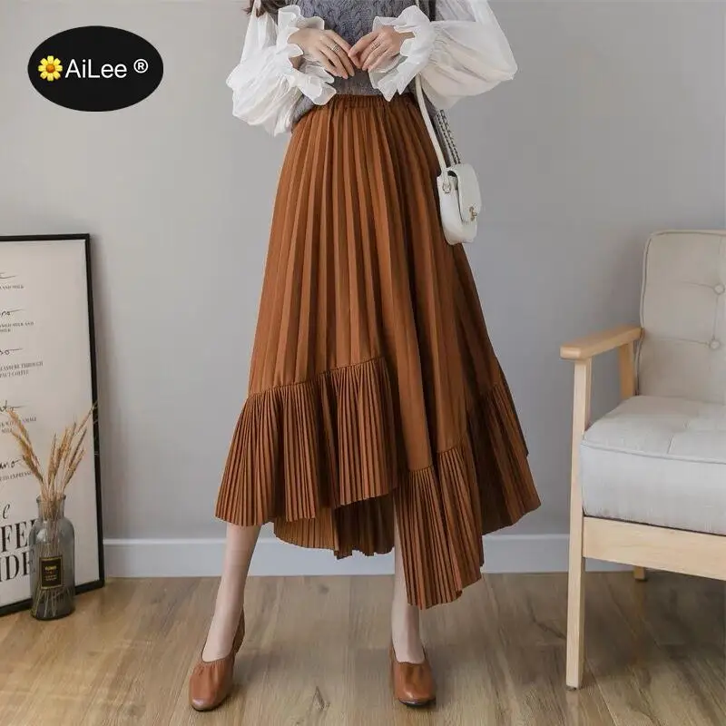 Design Women Spring Autumn Elegant Skirt Chic Solid Pleated Ruffles Hem Skirt High Waist Korea Fashion Elastic High Waist Female straight bodycon plus size long jean skirt women solid blue vintage high waist denim skirt midi elegant summer jupe longue femme