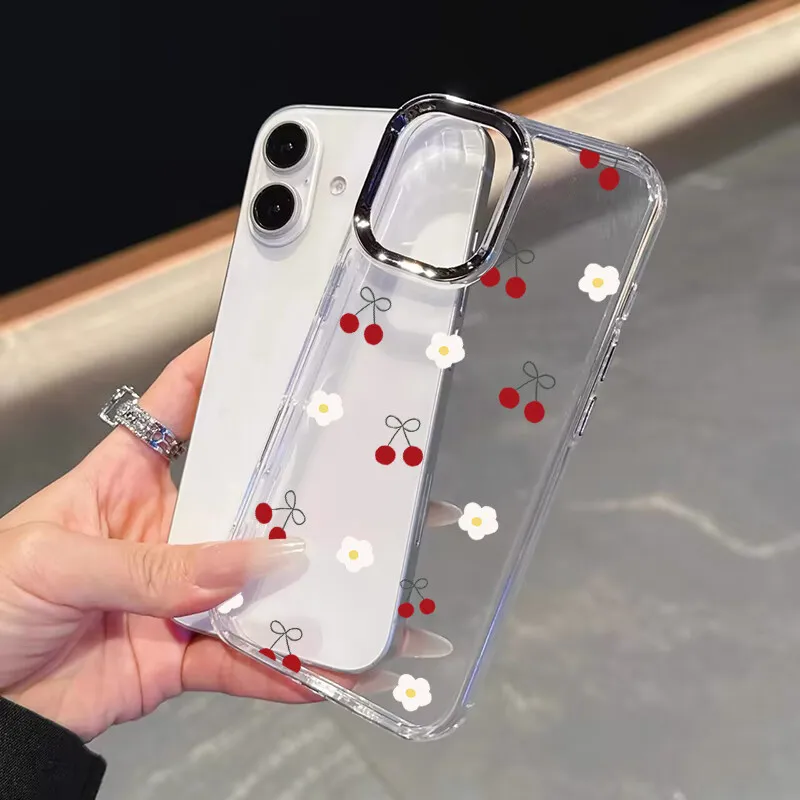 Elegant Cherry Lichee Flower Phone Case with Bow Design - Cute Plating Metal Lens, Clear and Soft