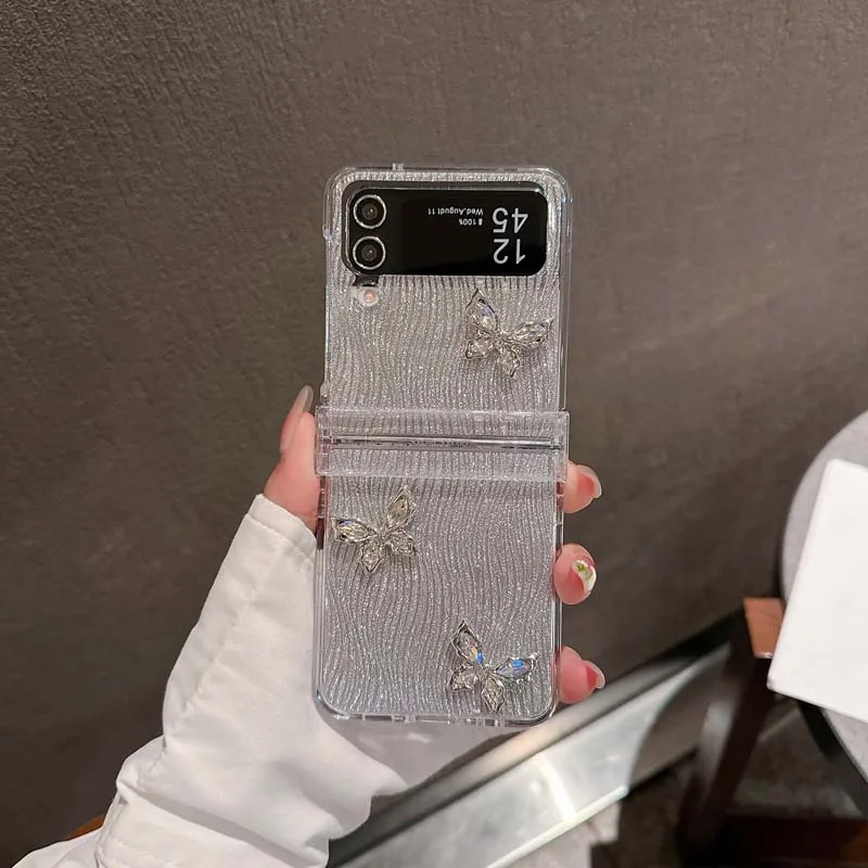 3D Shinny Butterfly Wrist Strap Phone Case for Samsung Galaxy Z Flip 6 5 4 3 Protective Cover for Z Flip6 Flip5 Flip4 Flip3 Capa_voghion.com