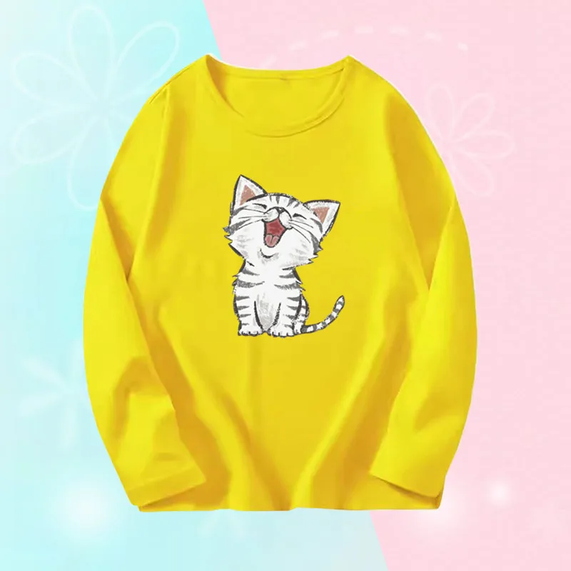 3~14 Years Girl Long Sleeve T-Shirts Cute Sweet Girl Tee Tops Cute Cat Graphic O-Neck Top Little Girl Casual T-Shirts 5