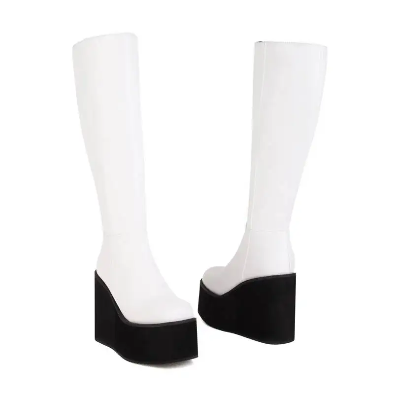 SIMLOVEYO Ladies Knee-high Boots 37cm Round Toe Wedges High Heel 11.5cm Platform 6cm Zipper Plus Size 43 Winter Shoes