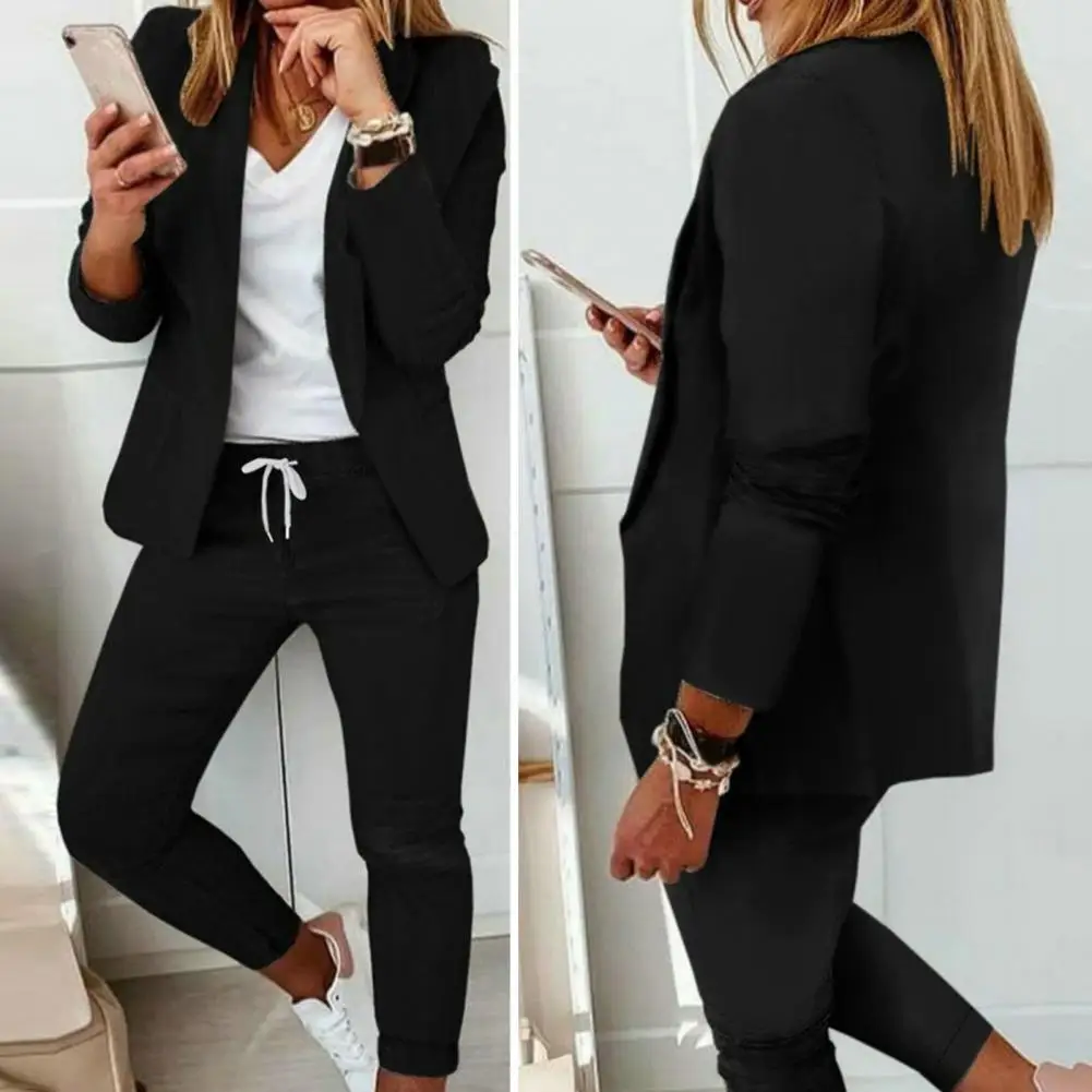 

2 Pcs/Set Women Coat Pants Set Business Set Long Sleeves Solid Color Elastic Waist Lapel Slim Fit Pants Blazer Trousers Suit