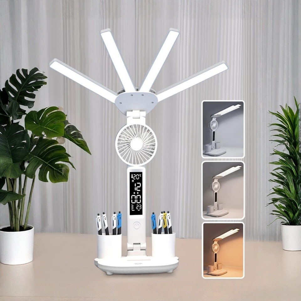 3 Color LED Table Lamp with Fan And Clock Four Headed Folding USB Charging Multifunction Desk Lamp for Reading Night Light