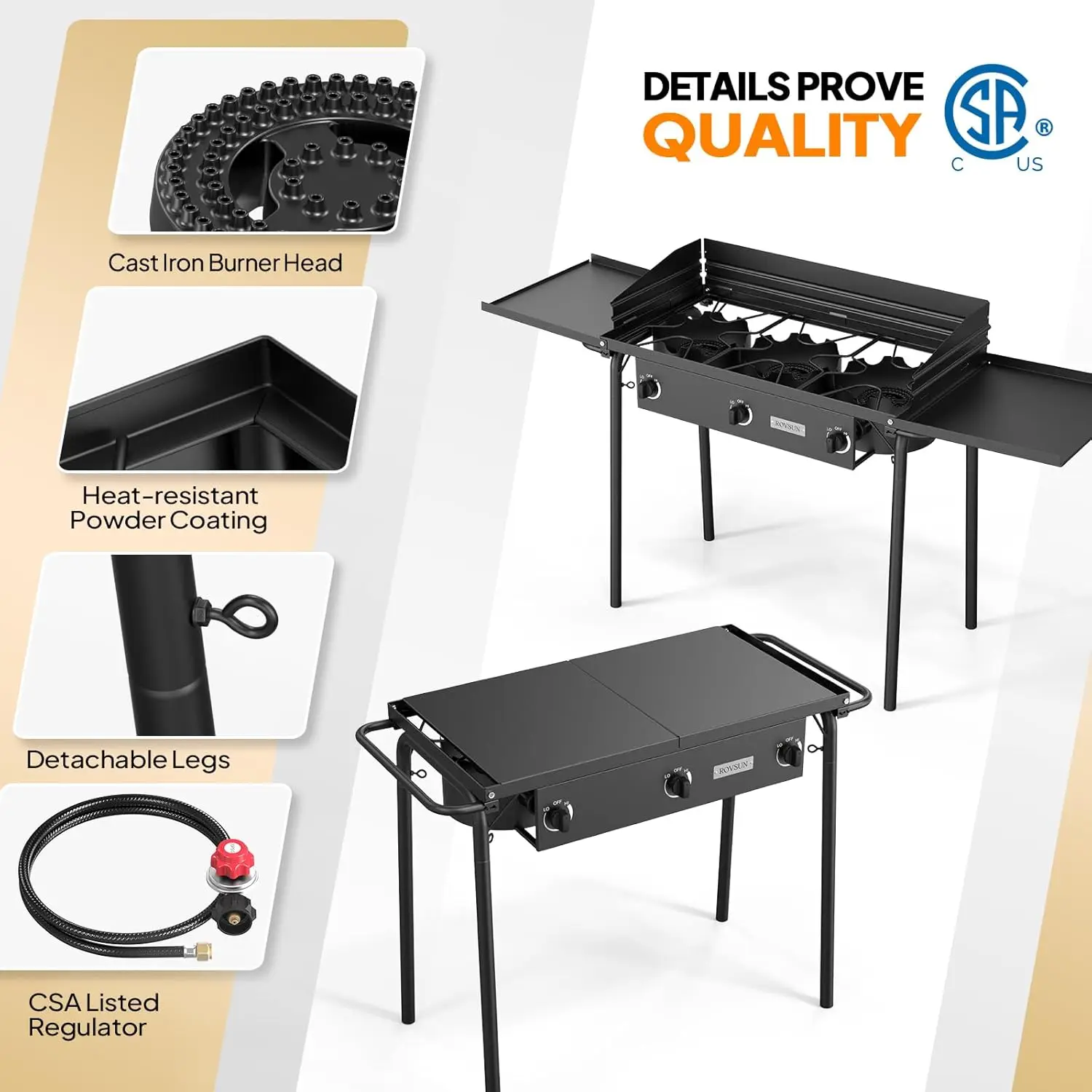 3 Burner Gas Stove with 2 Side Shelves, 225,000BTU Portable Propane Stove with Removable Leg, Wind Panel, Regulator for Camping 3
