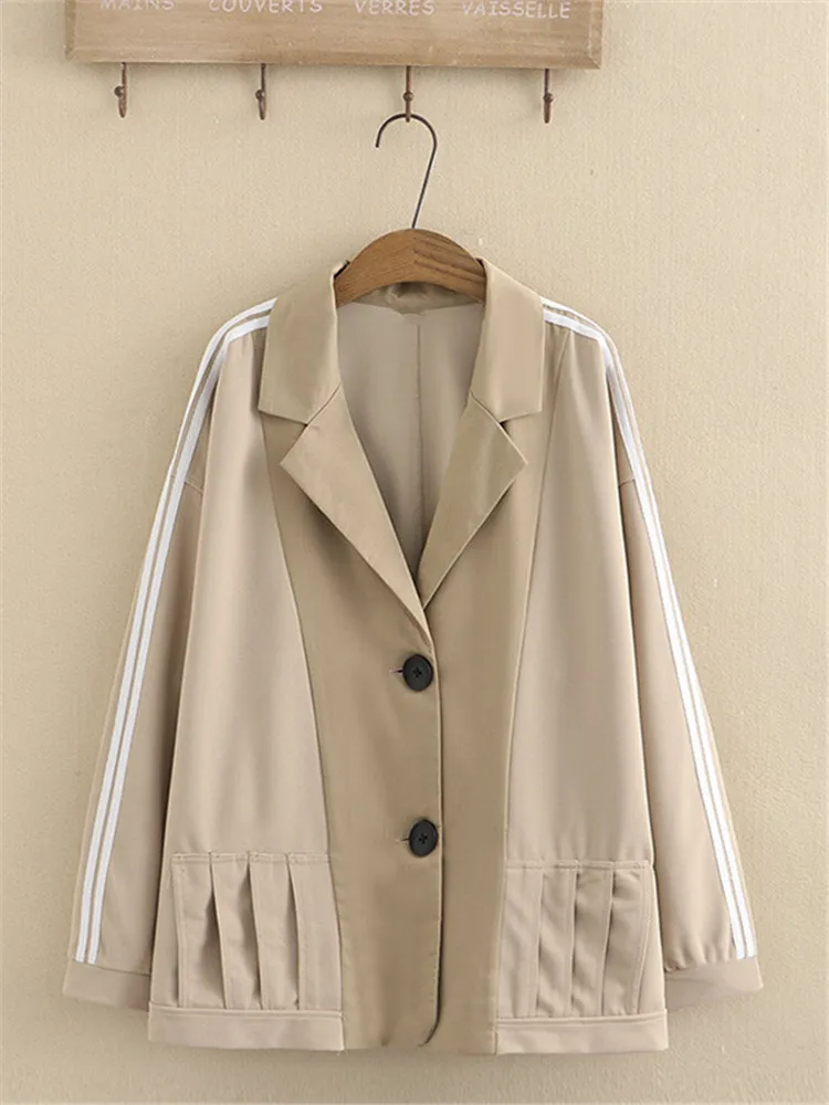 여성용 수트 칼라 라펠 캐주얼 재킷, 탄성 허리 사이드 화이트 스트립 스티치 캐주얼 수트 바지 조합, 플러스 사이즈