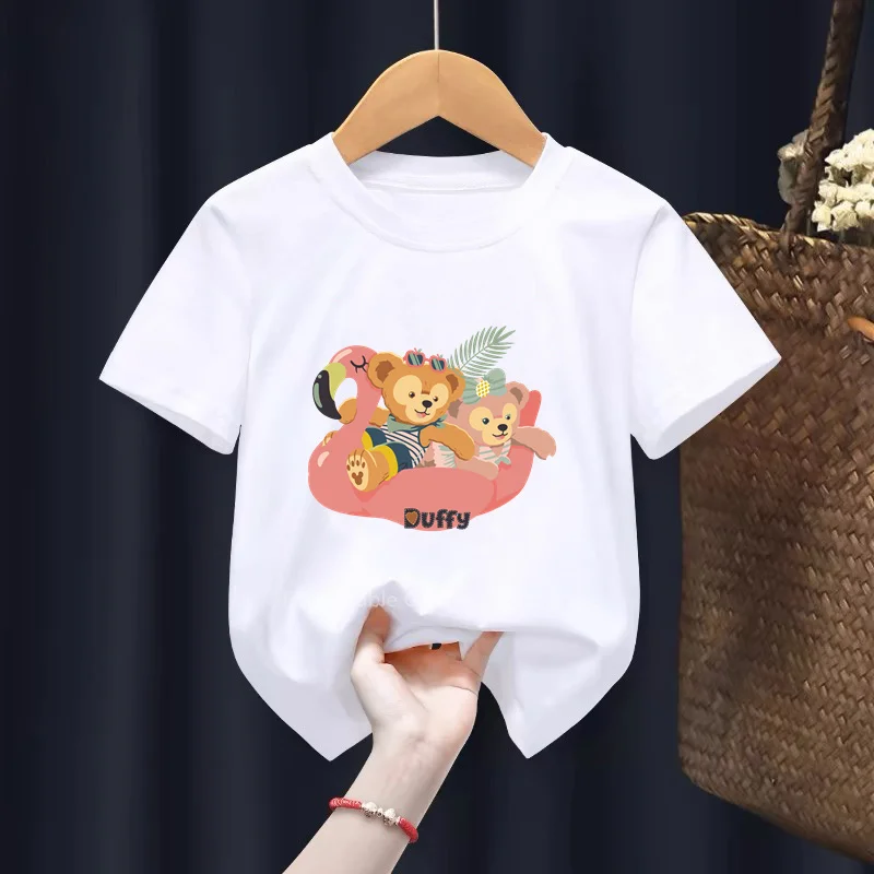 

Stylish Summer Disney Duffy Bear T-shirt for Kids Cute Cartoon Print Cotton Casual Short Sleeve Tops Outdoor Wear
