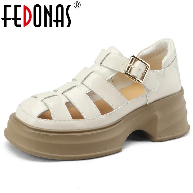 

FEDONAS 2023 Summer Gladiator Women Sandals Platform Hollow Pumps Genuine Leather Thick Heels Shoes Woman Working Casual Outdoor