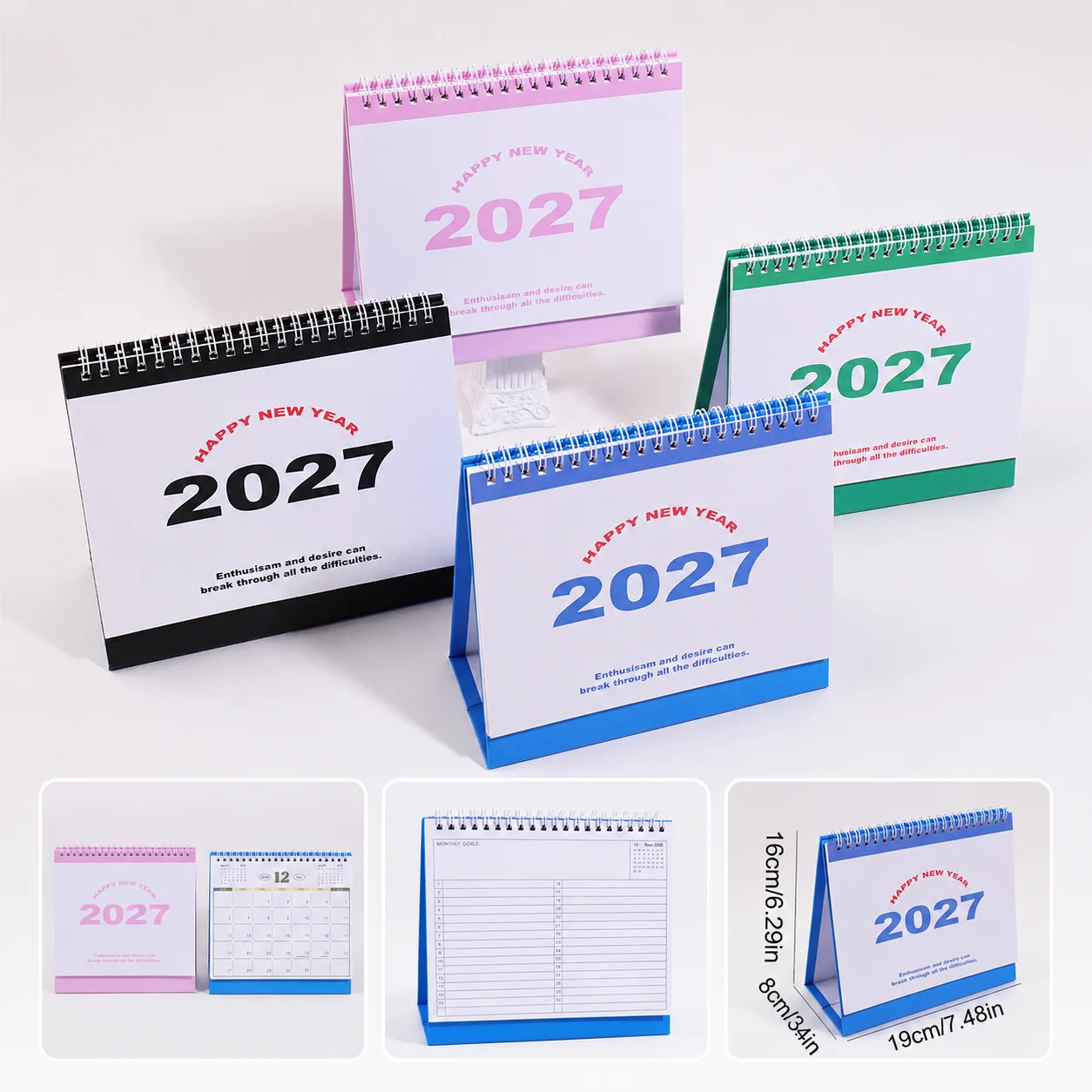 2027 새해 책상 달력 절묘한 트윈 코일 접이식 스탠드 사무실 홈 일정 계획을 위한 두꺼운 종이 월간 플래너