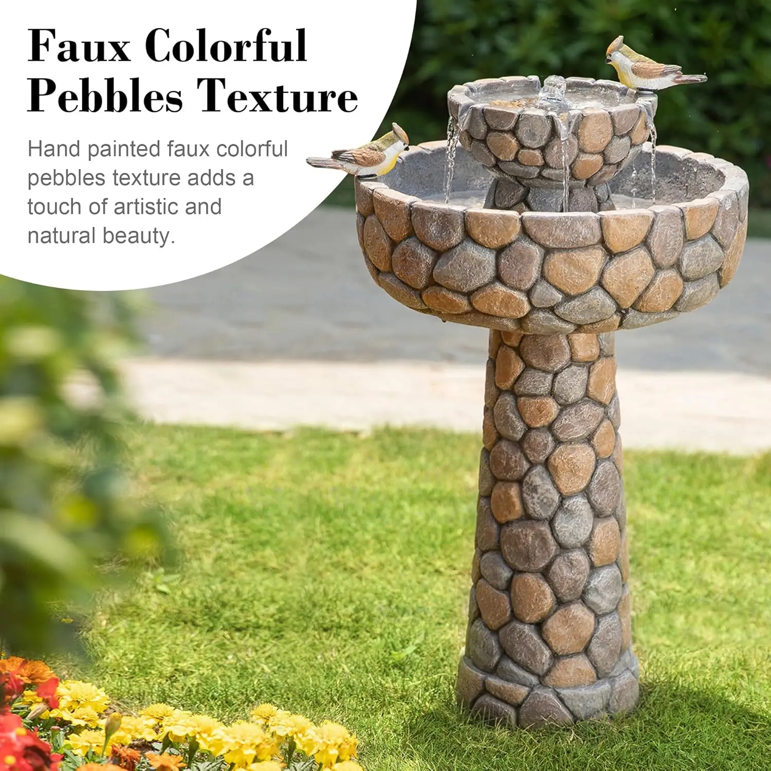 Tier Stone Like Outdoor Water Fountain with Birds, Bird Bath Outdoor Waterfall Fountain Decor, Freestanding Water