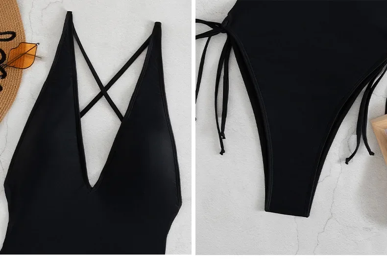 Sexy Deep V Neck One Piece Swimsuit Women Solid Yellow White Hollow Out Pleate Swimwear Beach Bandage Bathing Suit Monokini