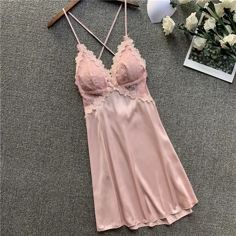 Sexy Summer Lace Nightgown Set Women's Thin Ice Silk with Chest Pad Strap Nightdress Attractive Temptation TikTok Style