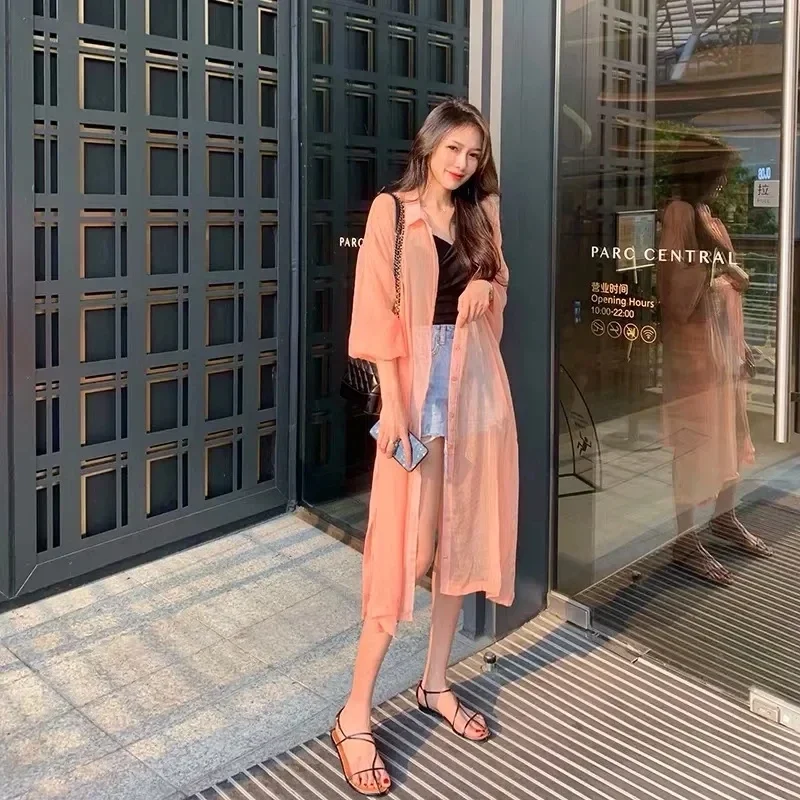 Bikini Cover Ups for Swimwear Women Sunscreen Clothing Cardigan Bubble Sleeve Beach Wear Loose Semi-transparent Chiffon Shirt