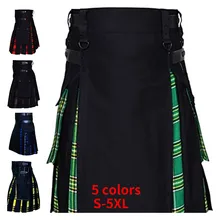 

Men's Plus Size Scottish Hybrid Black Cotton & Tartan Utility Kilts with Leather Straps Kilts for Men