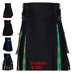 Men's Plus Size Scottish Hybrid Black Cotton & Tartan Utility Kilts with Leather Straps Kilts for Men