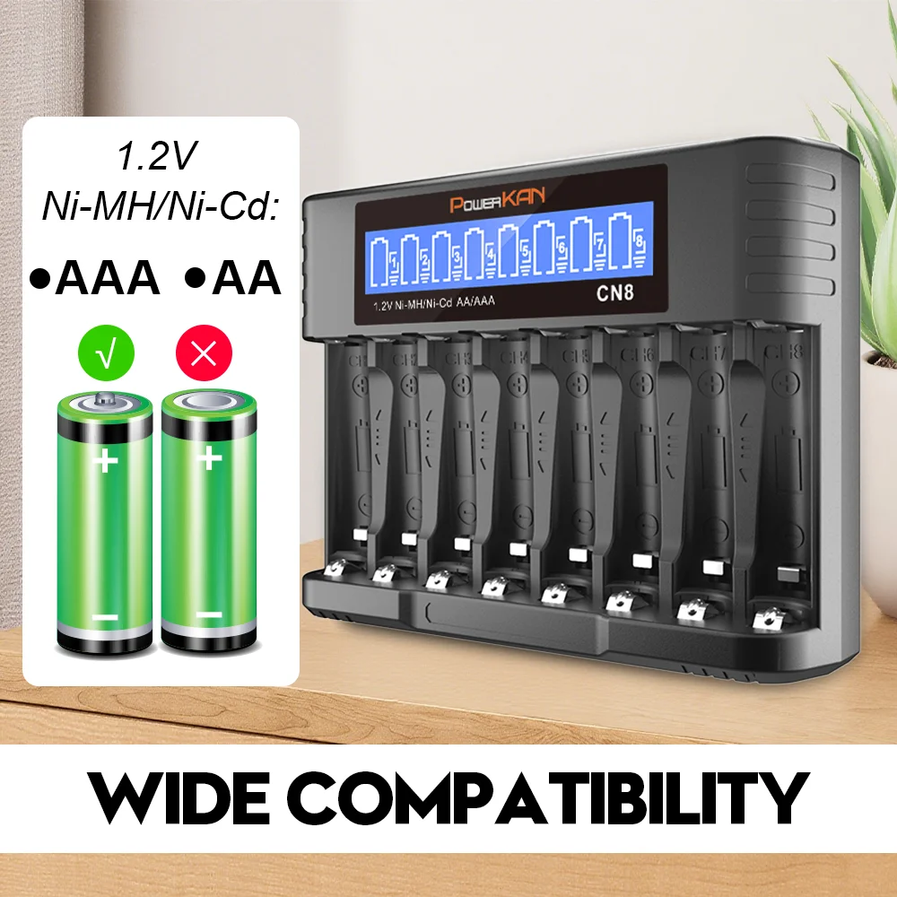 POWERKAN 8베이 독립형 AA/AAA Ni-MH 배터리 충전기, LCD 디스플레이, USB-C 충전(배터리는 포함되어 있지 않음)