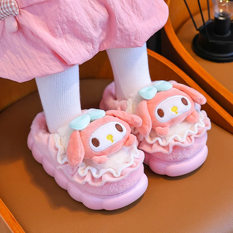 Super Cute Famlily Home Cotton Slippers Antislip Warm Sweet Kuromi Melody Winter Shoes Indoor Daily Comfotable 2