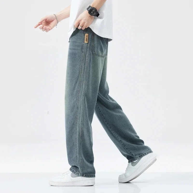 2024 New Soft Lyocell Stretch Jeans Men's Loose Wide Leg Pants Elastic Waist Casual Denim Trousers High Quality Streetwear 4
