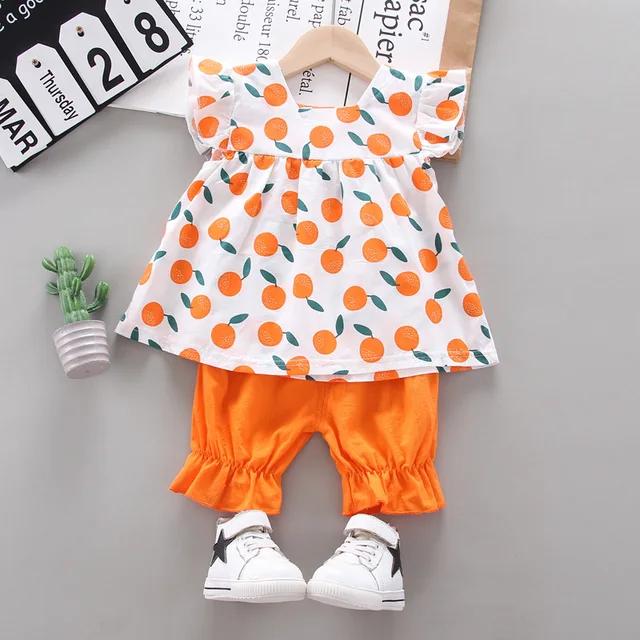 Summer Cute Cartoon 2PCS Kids Baby Girls Floral T-shirt Top Shorts Pants Set Clothes Girls Clothing Sets JuZi-orange