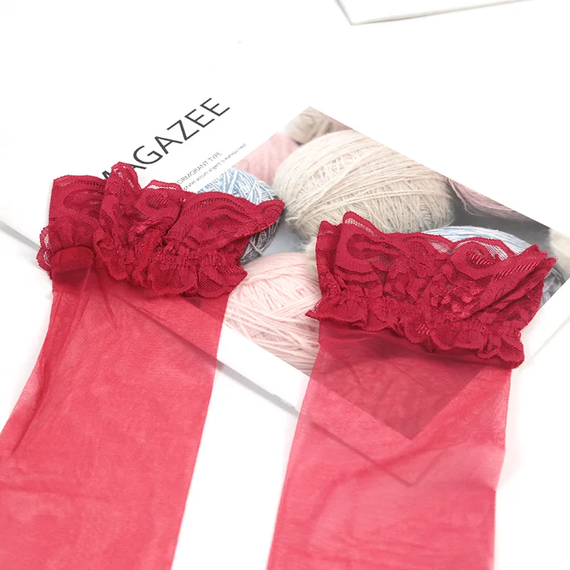 Damen Burgunderrote Spitzenstrümpfe Leicht Glänzende Seidige Strümpfe Breiter Schaft Transparente Overknee-Strümpfe Sexy Überknie-Lange Socken – Detail 9