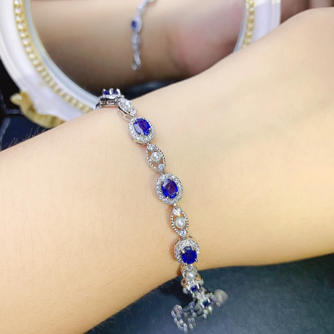 Blue natural sapphire bracelet 925 sterling silver deep sapphire color  gemstone bracelet for student girl birthday gift