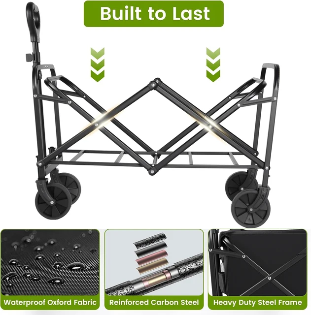 Heavy Duty Wagon Carts Foldable, Portable Wagons for Groceries, Beach Cart with All-Terrain Wheels  Drink Holders, Utility Wagon