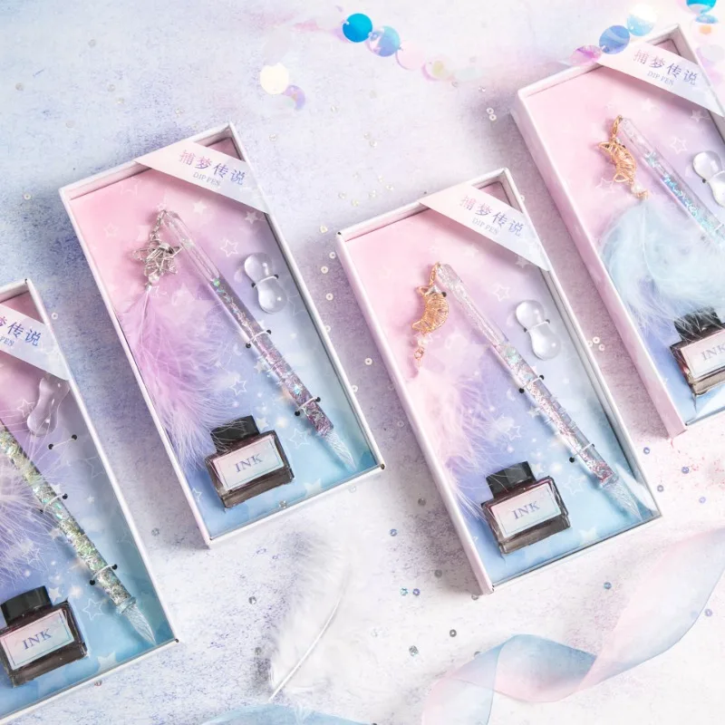

Japanese Stationery Girl Dreams glass dip pen set Gold powder ink Cute Feather Pen scrapbook Diary signature pen