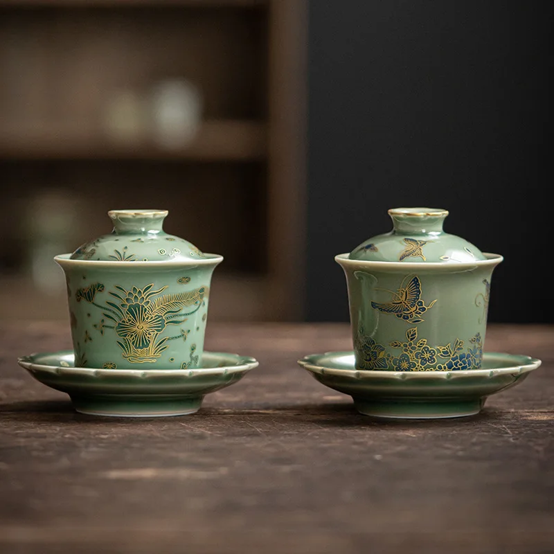 Chinese style retro celadon covered bowl creative ceramic tea bowl large tea cup Kung Fu set brewing