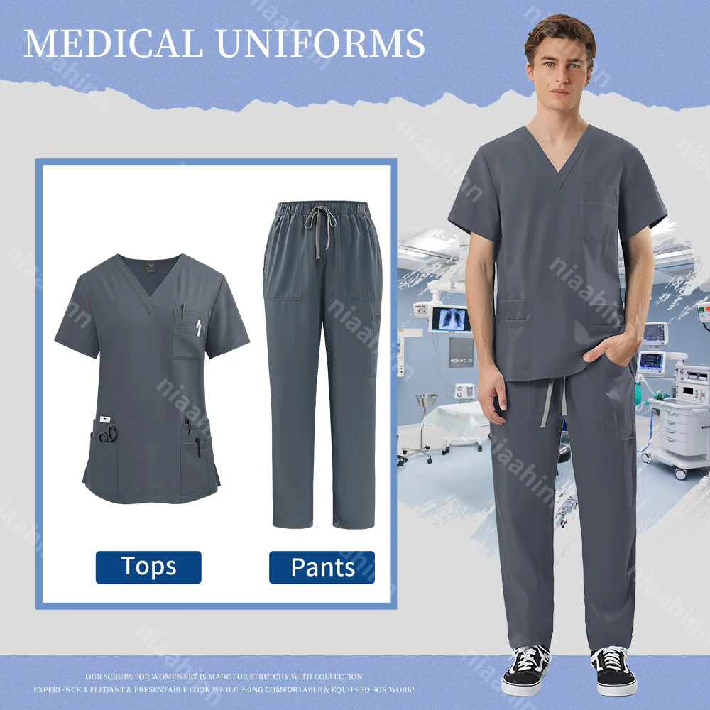Medical Doctor Outfit Uniform Suit Men Dentist Short Sleeved Top Straight Pant Scrub Set Unisex Pet Hospital Veterinary Workwear