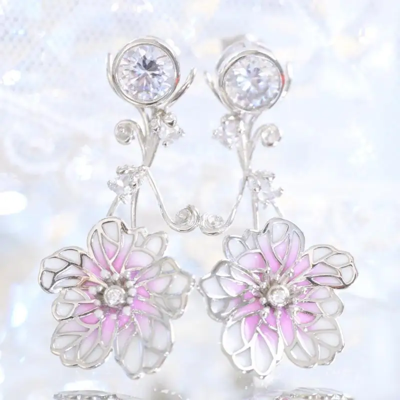 

ZOCA 925 Sterling Silver Pink Peach Blossom Women's Earrings Made with Enamel Process