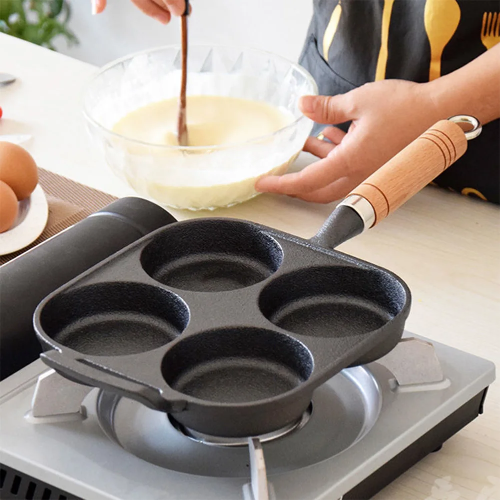 4 Hole Omelet Pan Egg Frying Pan Nonstick Omelette Skillet Granite Coating Divided Egg Omelet Pan Wooden Handle for Home Kitchen 5