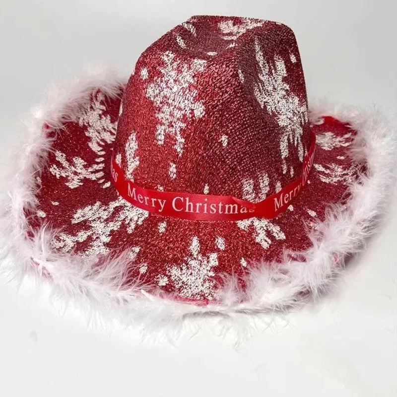 Christmas Cowboy Hat Sequined Furred Scarf Red Cowboy Hat Santa Furred Sequined Snowflake Christmas Party