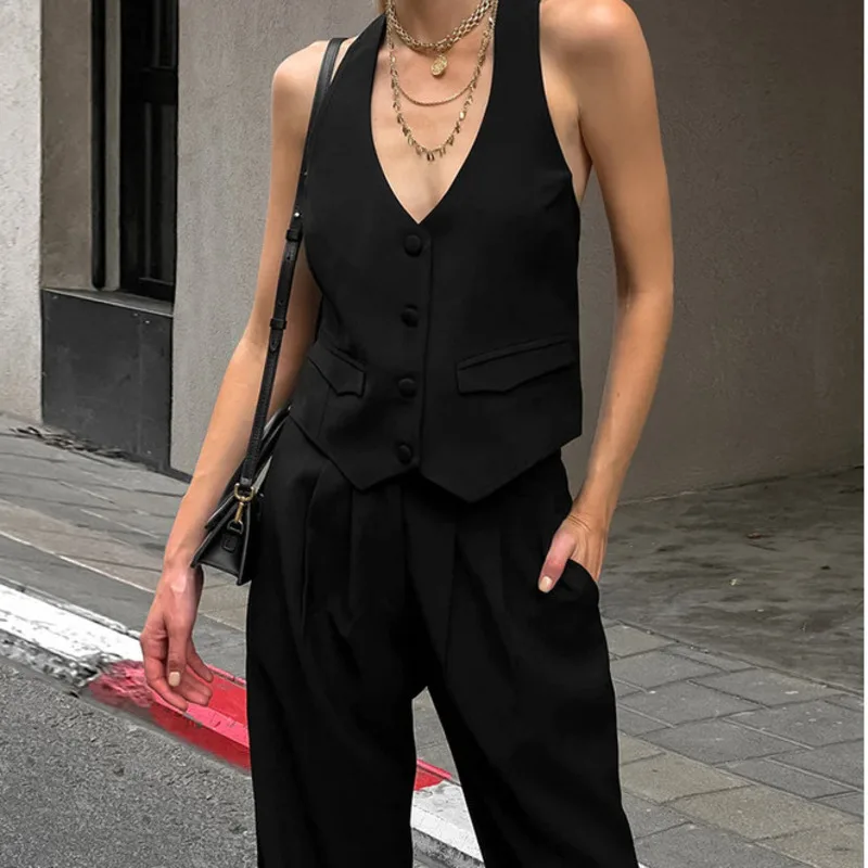 Summer New V-neck Vest Fashion Set Hanging Neck Tank Top High Waist Wide Feet Pants Temperament Commuting Set of Two Pieces