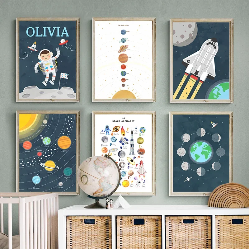 Astronauta Rocket Plane Sistema Solare Space Alphabet Baby Kids Room Decor Wall Art Canvas Painting Poster E Stampe Wall Picture