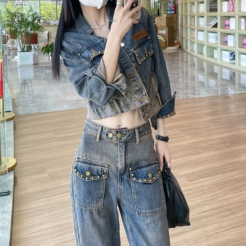 Two Piece Women Clothing Denim Pant Sets Spring Autumn Long Sleeve Short Jacket Female Street Fashion Loose Vintage Jeans Suit