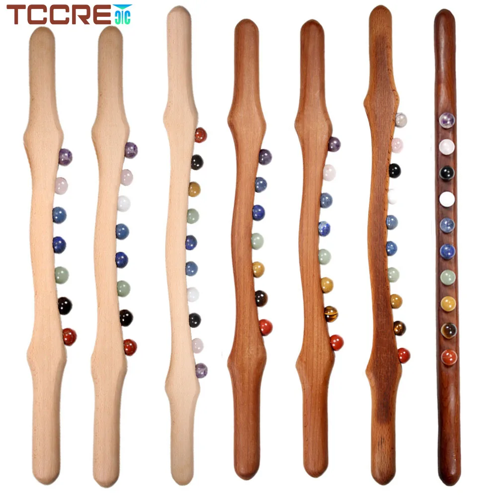 Wooden Gua Sha Massage Stick Jade Stone Beads Trigger Point Massager Soft Tissue Muscle Anti-cellulite Scraping Therapy Relax