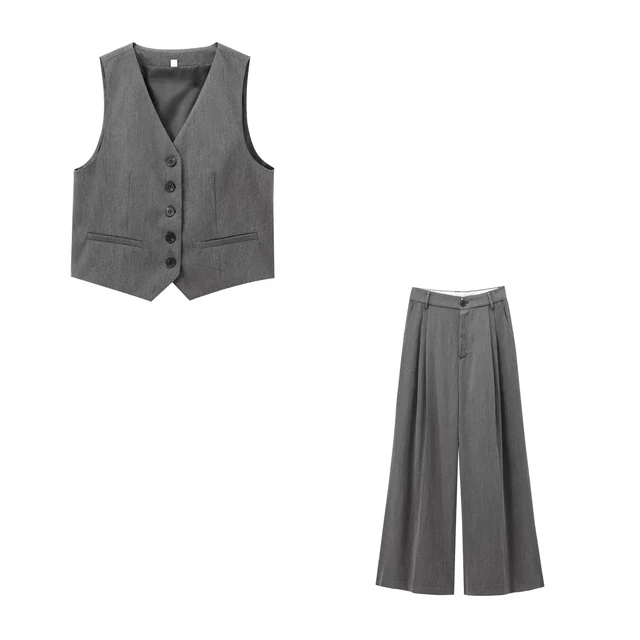 2025 Spring and Autumn New Two Piece Set Wide Leg Pant Suit Work Office Vest Top+Double Fold Pants Women's Fashion Set 4
